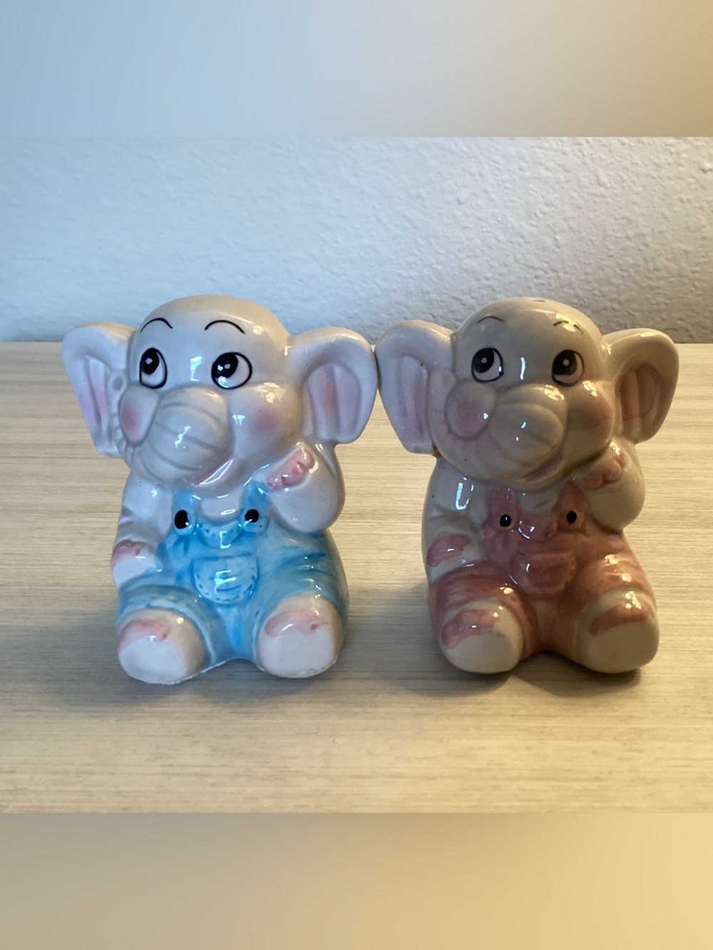 Vintage Ceramic Elephant Salt & Pepper Shakers Boy & Girl  In Overalls